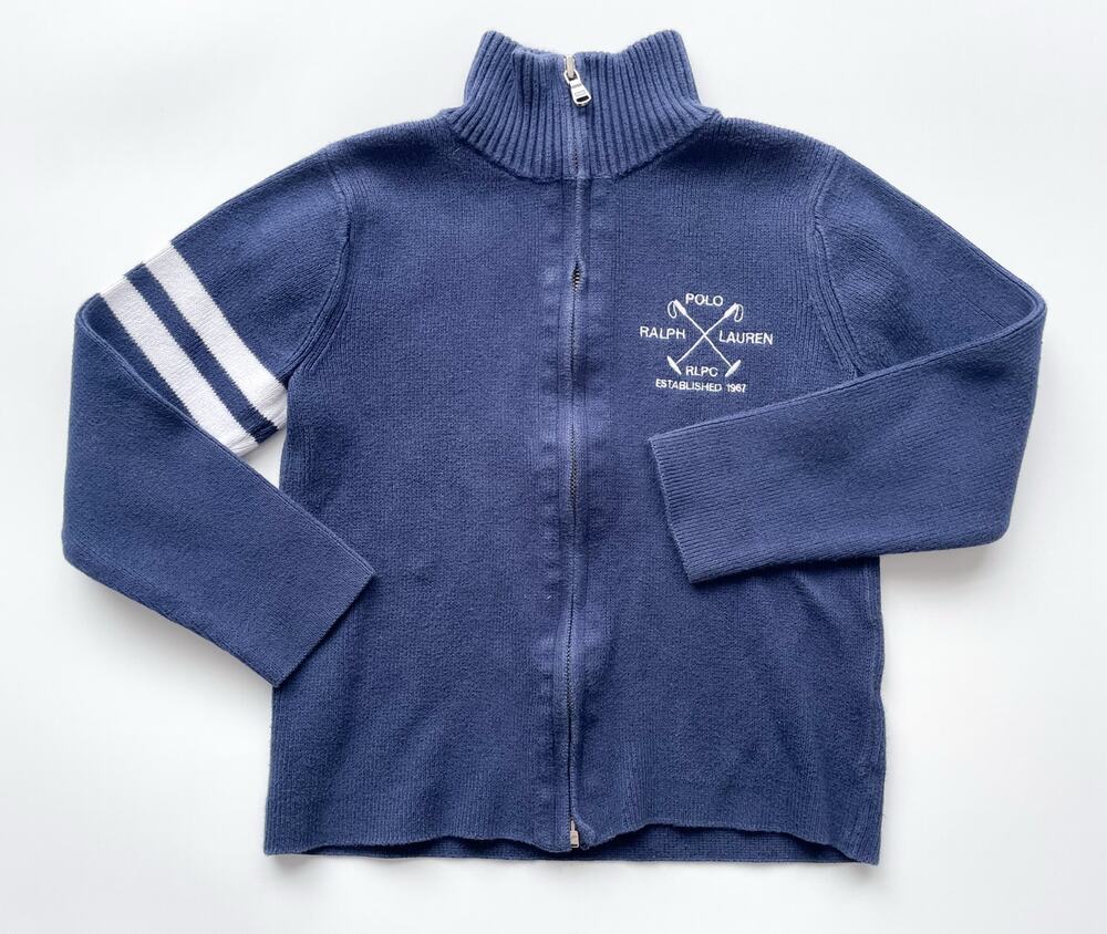 Rare Boy's Polo Ralph Lauren Navy Blue Full Zip Knit Collegiate Sweater Size 6